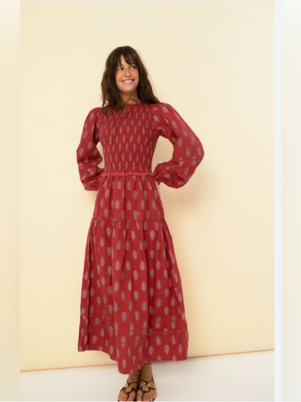 Red Printed Maxi Dress with Smocked Bodice and Puff Sleeves
